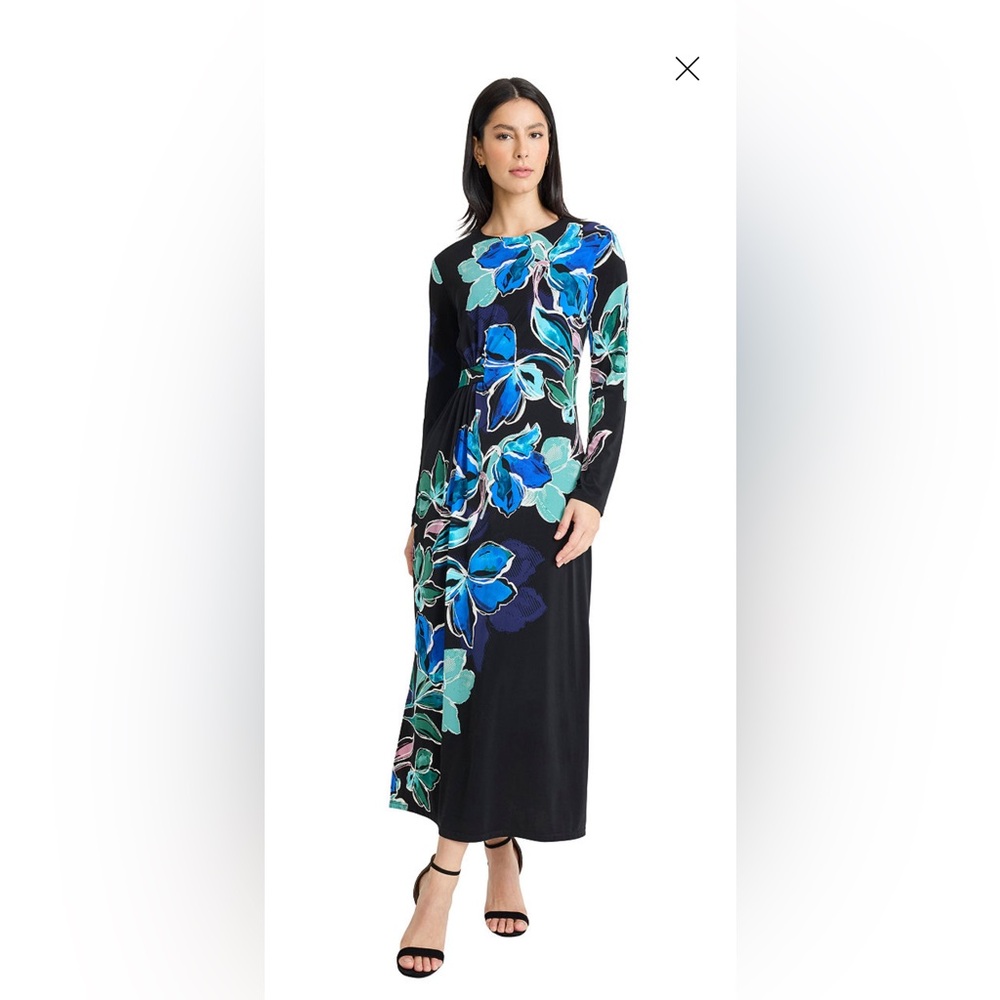 Maggy London Black Long Sleeve Maxi Dress with Blue Floral Print Size 8